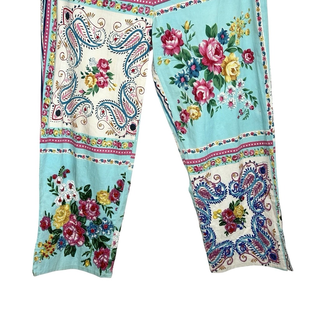Ario Beaded Cropped Pants Large Boho Cottage Floral Art Patchwork Print Wide Leg - Picture 4 of 14